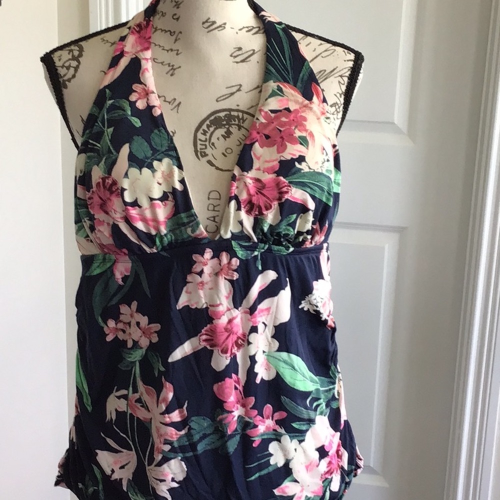 Merona  Navy Blue tropical Floral Halter Swim Tankini swim Top Sz L